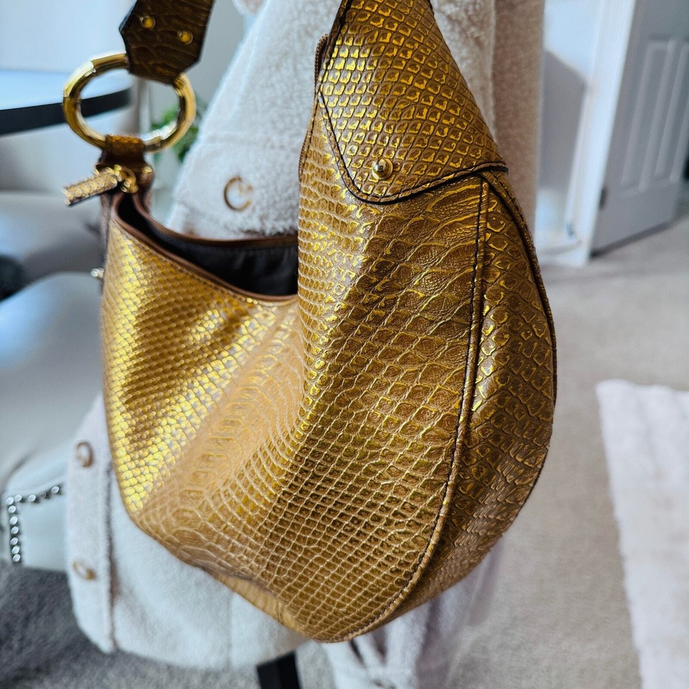 Gold Bamboo Ring Python Print Simulated Leather S… - image 2